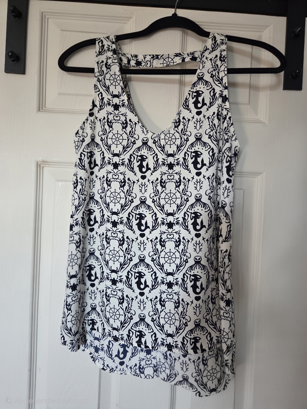 Nautical Print V-Neck Tank Top - White & Black